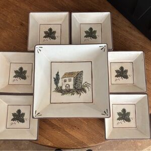 Williams Sonoma  Cream Square Large Serving Dish and Bowls with Light Brown Trim